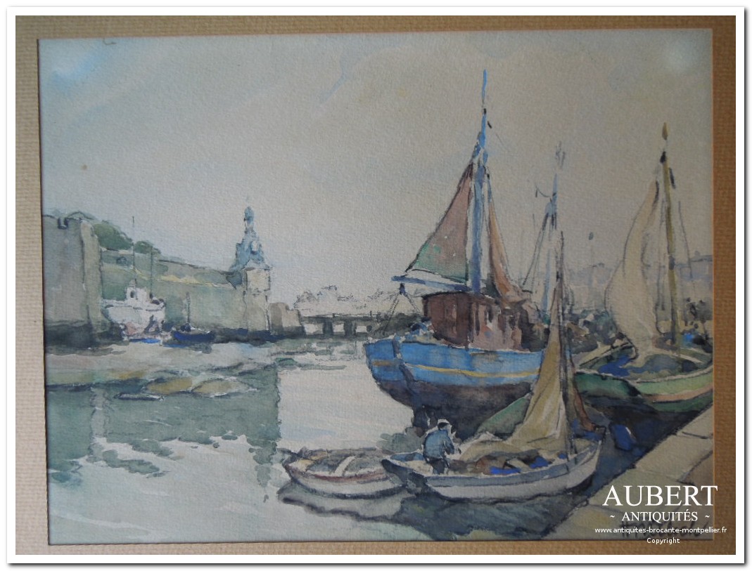 tableau aquarelle marine signé miloch antiquites brocante aubert montpellier sete achat vente 